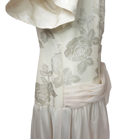 Vintage 80s Satin Chiffon Puff Sleeve Drop Waist Dress Size 16 Formal Wedding - Picture 9 of 16